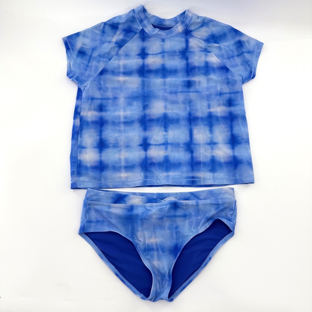 Athleta Girl Bali Blue Tie Dye Rashguard Bikini Set Kids Size XXL 16